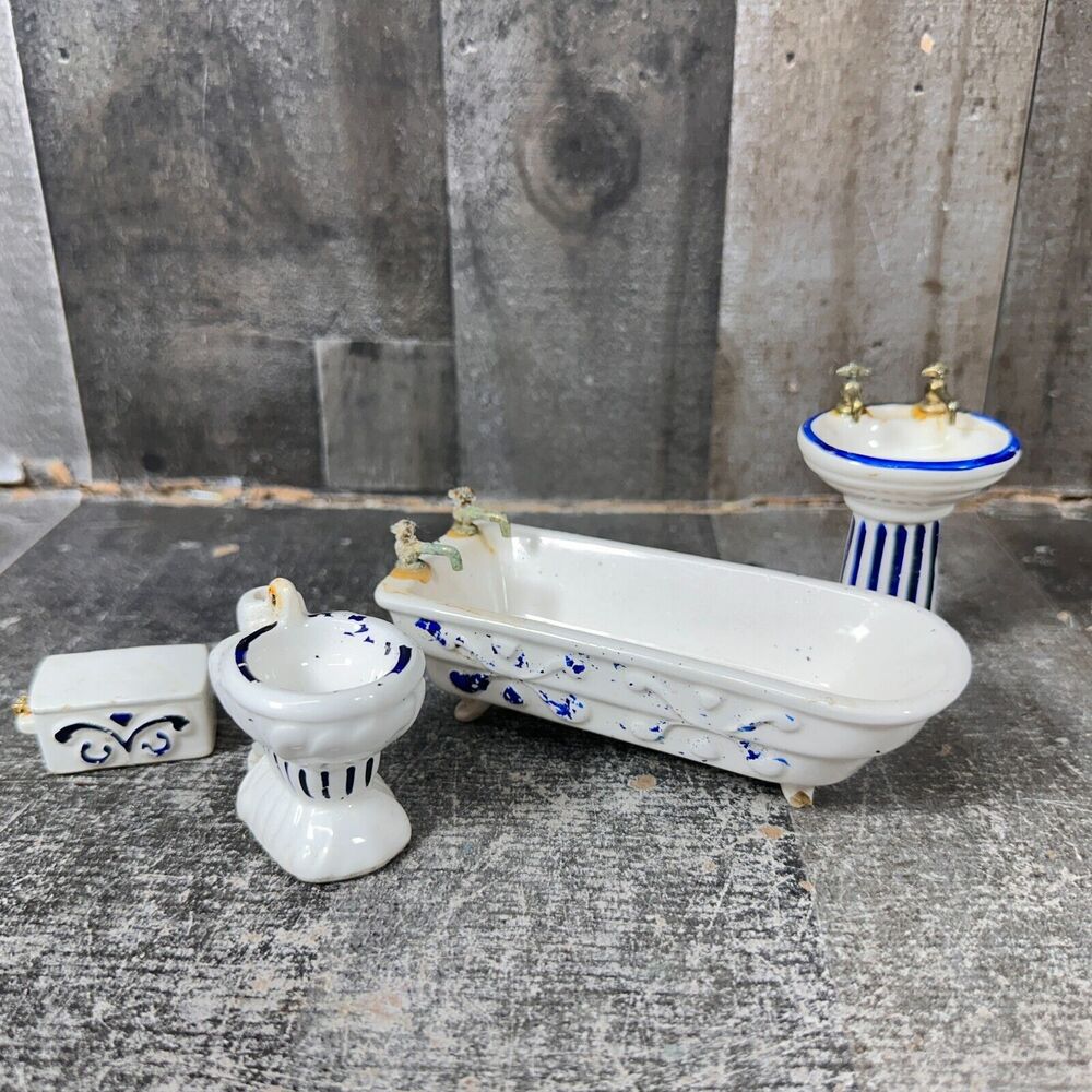 Reevesline Vintage Dollhouse Porcelain Bathroom Set Toilet‎ Bathtub And Sink